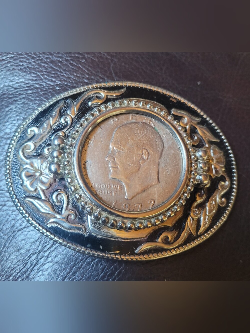Vintage Eisenhower Silver Dollar Oval Belt Buckle